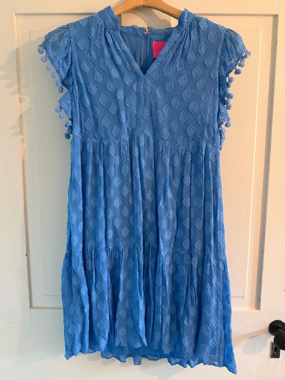 Light Blue Textured Pom-Trim Dress